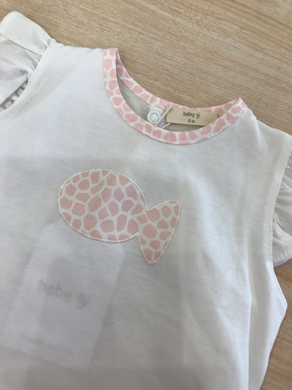 Completo Baby Gi in cotone t-shirt smanicata on rusche con pesciolino rosa e bianco con culotte con rusche