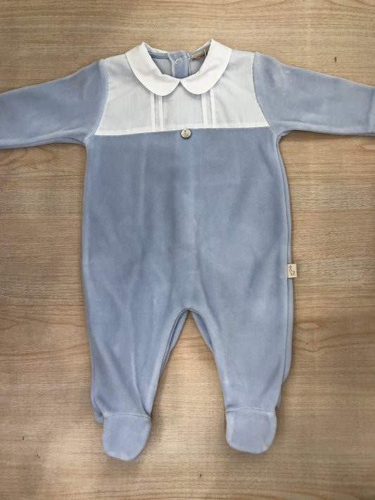 Tutina Baby Gi in ciniglia celeste polvere intera con dettaglio al colletto effetto camicia