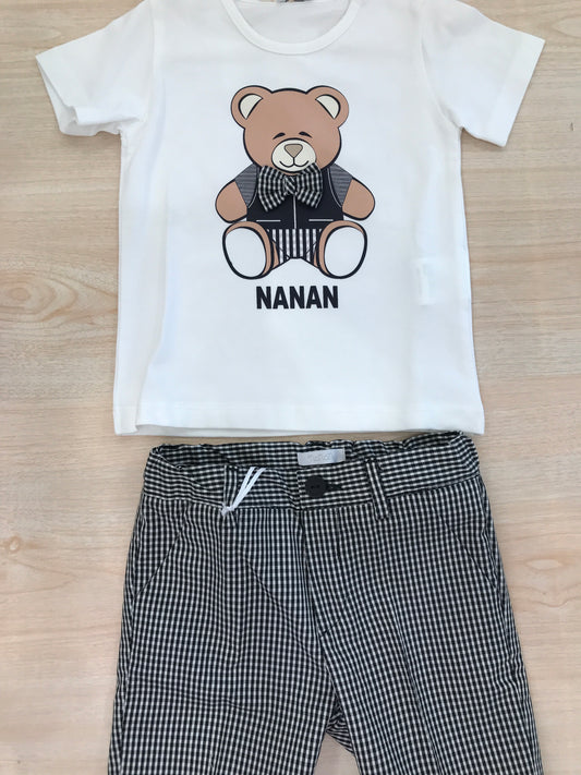 Completo Nanan due pezzi t-shirt mezza manica con orsetto e bermuda a quadretti bianchi e neri