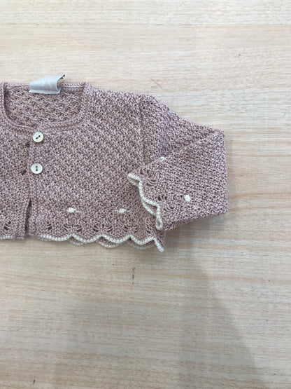 Cardigan Paz Rodriguez in filo rosa antico traforato e rifinito in panna
