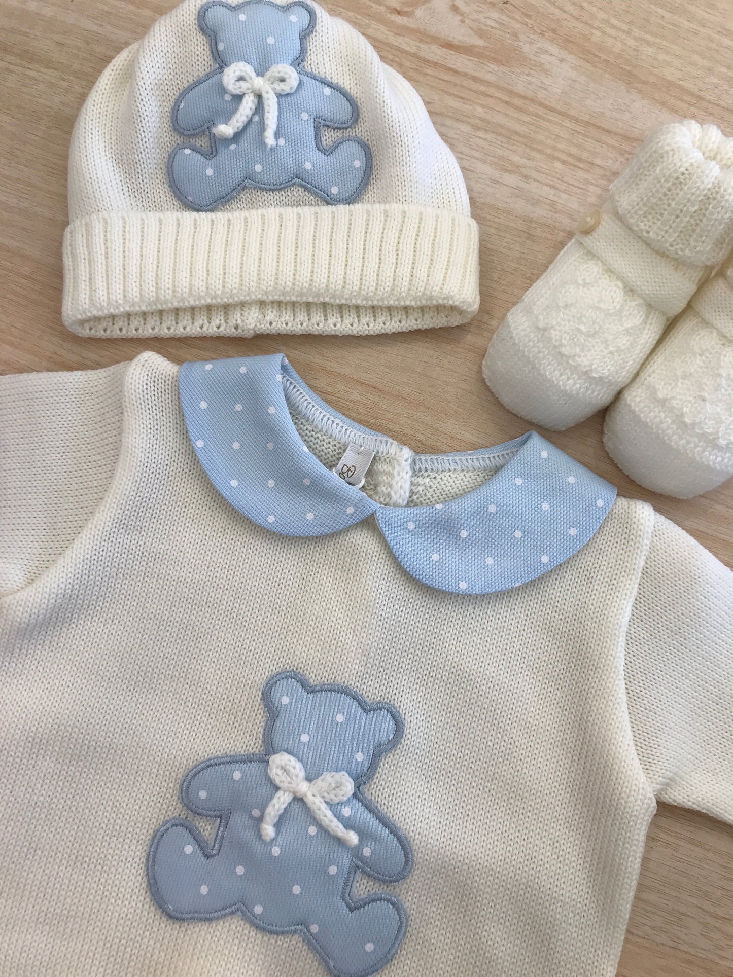 Tutina Baby Lord in lana due pezzi panna con colletto a pois ed orsetto centrale con pois bianchi