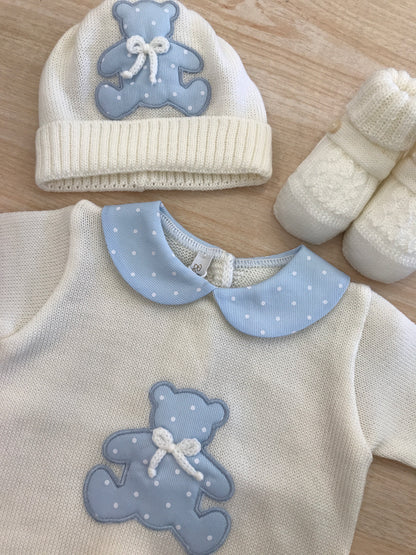 Tutina Baby Lord in lana due pezzi panna con colletto a pois ed orsetto centrale con pois bianchi