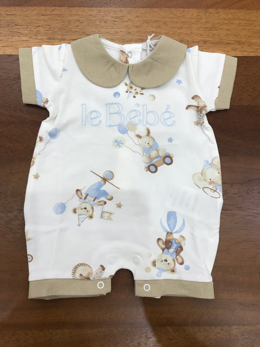 Pagliaccetto Le Bebè in cotone bianco con polsini beige con collo beige ed animaletti sul davanti