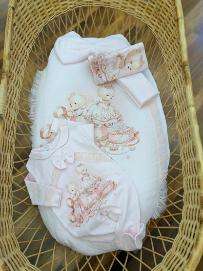 Coordinato nascita Sofija in caldo cotone orsa con tulle e orsetti