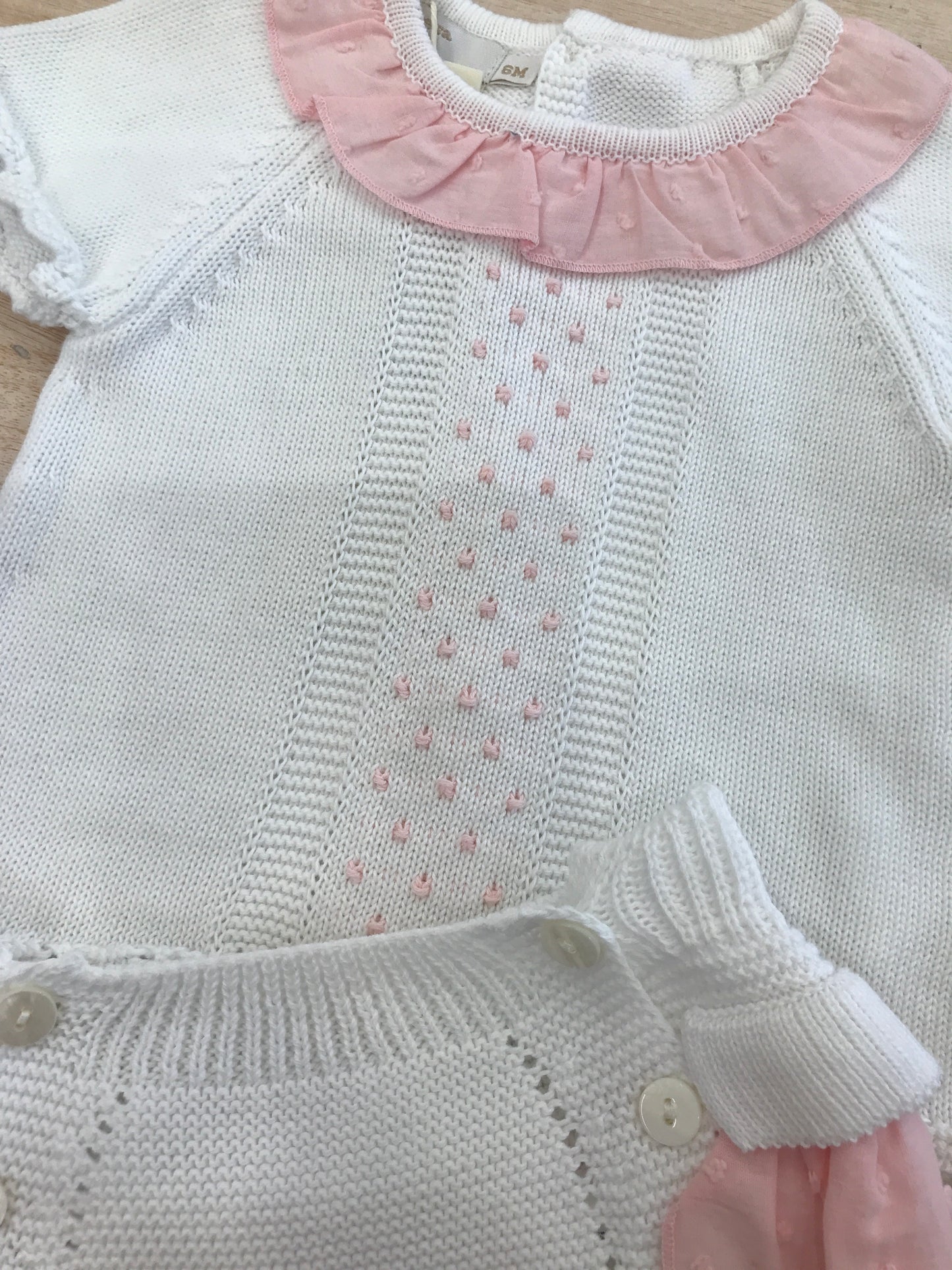 Completo PCS due pezzi bianco con rusche rosa e bianche