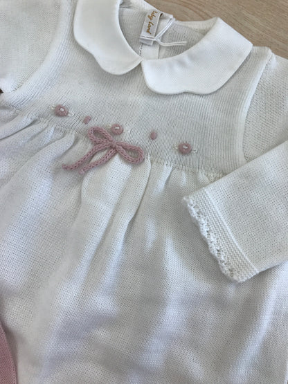 Tutina Baby Lord in filo bianca rosa antico con corpetto rifinito da fiorellini ricamati a mano