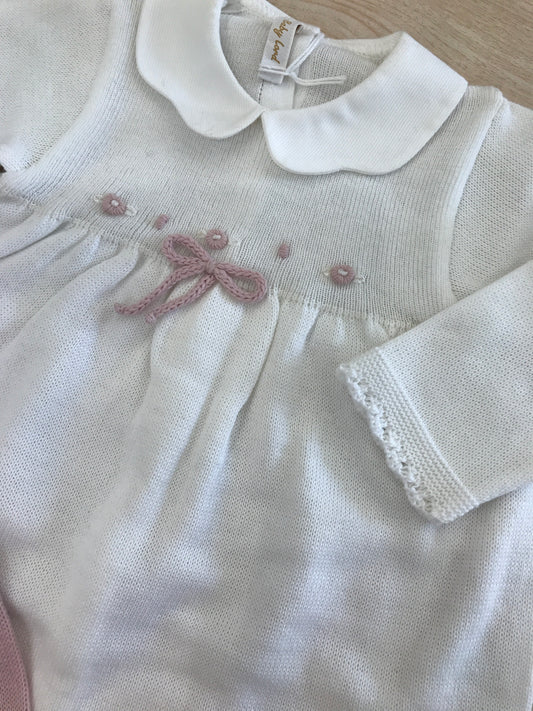 Tutina Baby Lord in filo bianca rosa antico con corpetto rifinito da fiorellini ricamati a mano