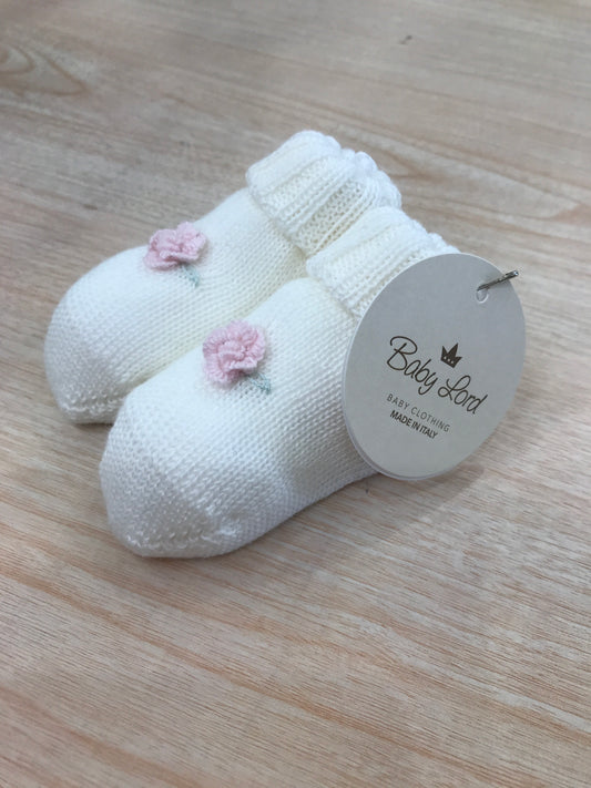 Babbucce Baby Lord in lana panna con rosa ricamata a mano