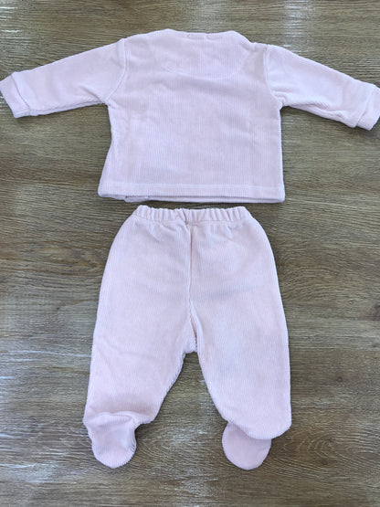 Tutina Nanan due pezzi ciniglia a costine rosa antico con apertura trasversale con fiocchetti