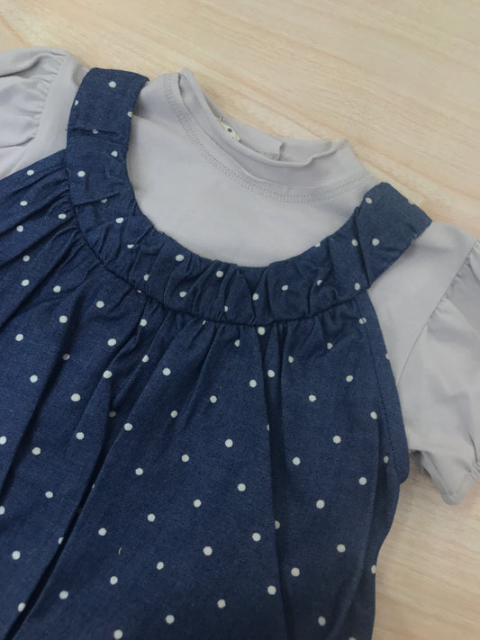 Abito Coccodè in cotone smanicato con rusche con pois bianchi con t-shirt tortora mezza manica