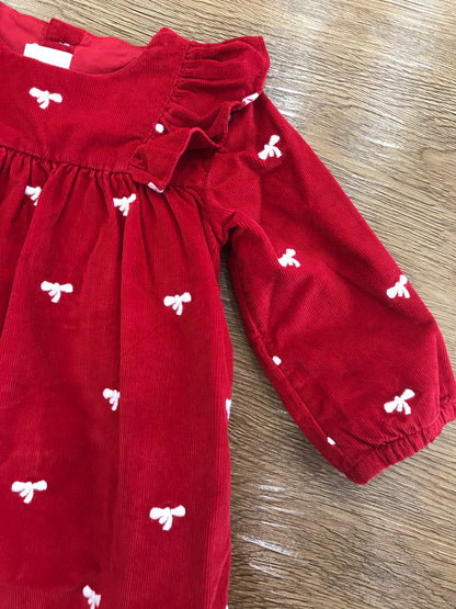 Abito Petit Bateau manica lunga a coste rosso con manica a sbuffo con rusche e piccoli fiocchetti ricamati bianchi
