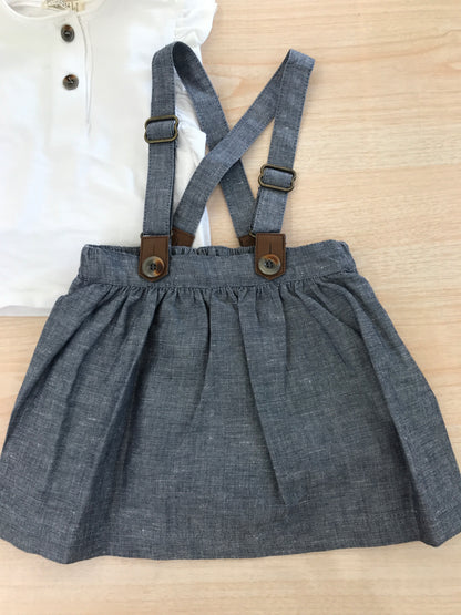 Completo Coccodè in cotone salopette con bretelle e gonnellina con t-shirt smanicata con rusche