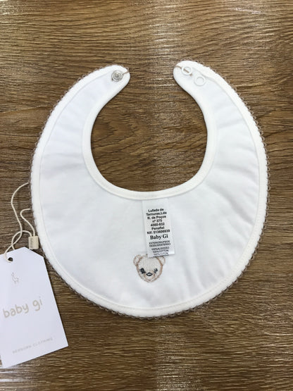 Bavetta Baby Gi in cotone panna rotonda smerlata con orsetto