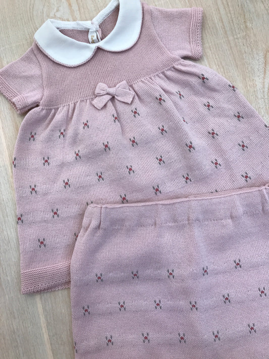 Completo Baby Lord in filo rosa antico mezza manica con fiorellini ricamati e culotte abbinata