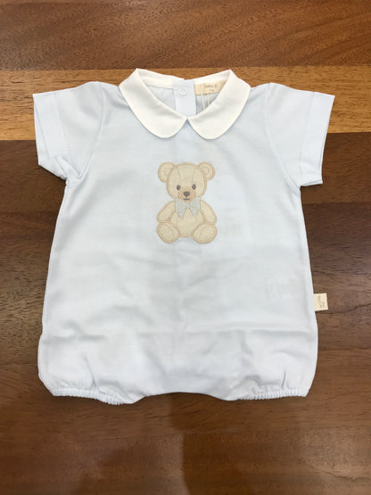Pagliaccetto Baby Gi celeste corto mezza manica con collo tondo con orsetto applicato sul davanti con fiocco