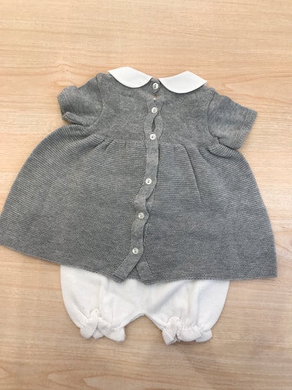 Completo Baby Lord in filo due pezzi grigio mezza manica con fiocco bianco con collo tondo e culotte bianca