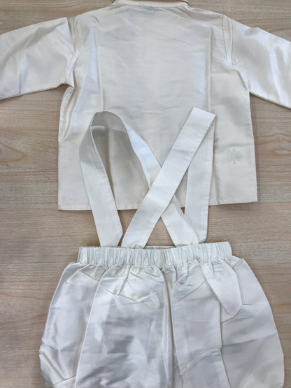 Completo Colibrì camicia manica lunga con rusche al centro e salopette a sbuffo con bretelle