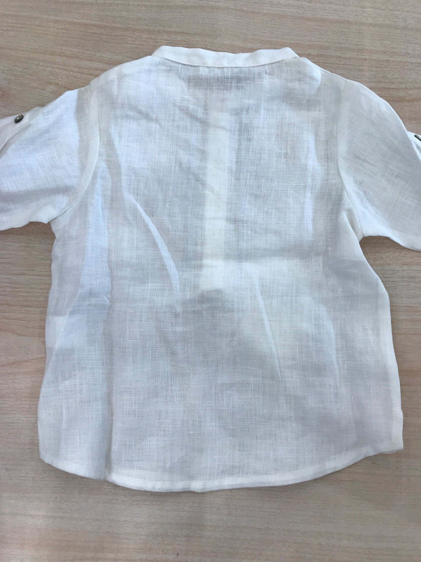 Camicia Laranjinha manica lunga bianca di lino con rifiniture celesti