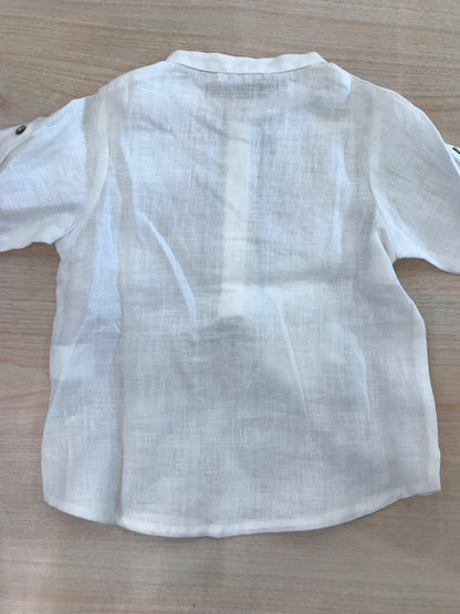 Camicia Laranjinha manica lunga bianca di lino con rifiniture celesti