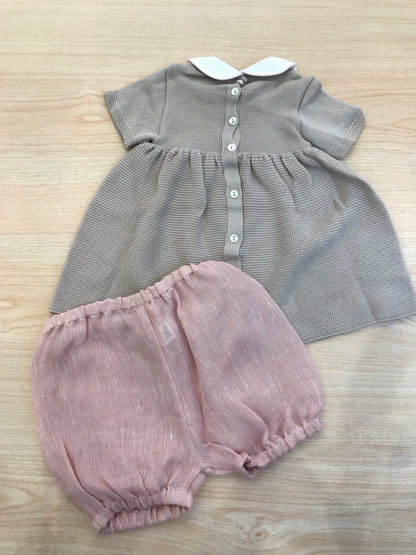 Completo Baby Lord in filo tortora mezza manica con collo tondo con fiocco in lino con culotte in lino rosa antico