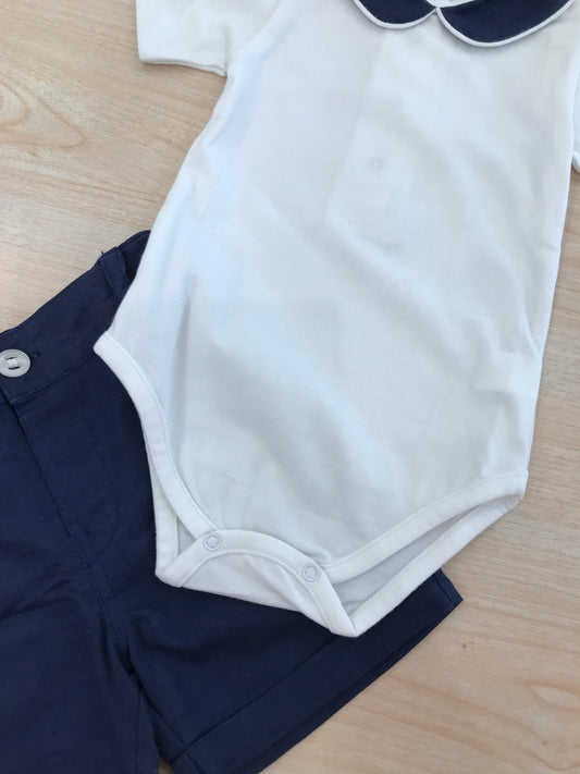 Completo Coccodè body effetto camicia con colletto blu scuro con bermuda