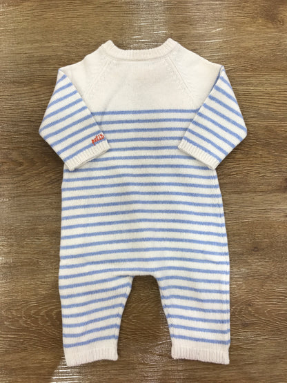 Tutina Petit Bateau intera panna con righe celesti e bottoni trasversali