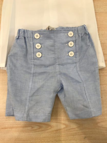 Completo Aletta due pezzi camicia con collo marinaretto e rifiniture celesti con bermuda con bottoni