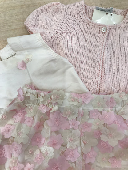Completo Colibrì in seta camicetta smanicata con fiori pantalone a sbuffo rivestito da fiori