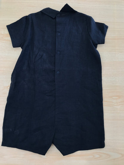 Pagliaccetto Story Loris in lino blu scuro mezza manica con balena celeste applicata lateralmente