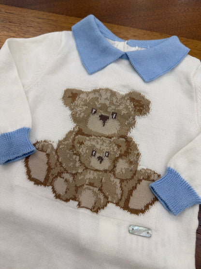 Tutina Le Bebè in filo manica lunga gamba lunga con dettagli in celeste con orsetti ricamati sul davanti