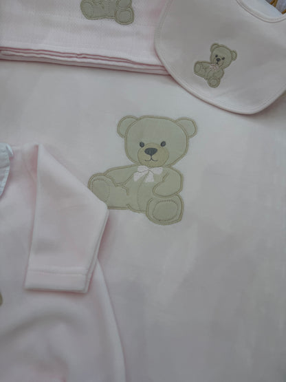 Coordinato nascita Baby Gi in ciniglia rosa con orsetto con fiocchetto
