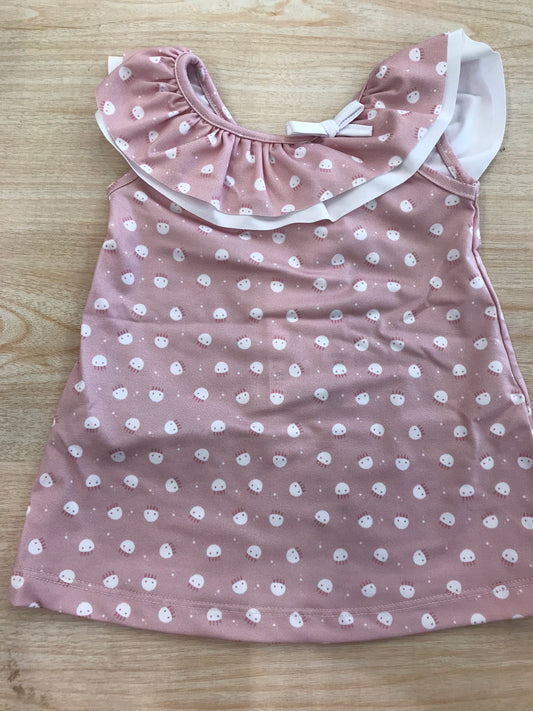 Copricostume Paz Rodriguez rosa con bretelle con rusche con piccoli animaletti bianchi
