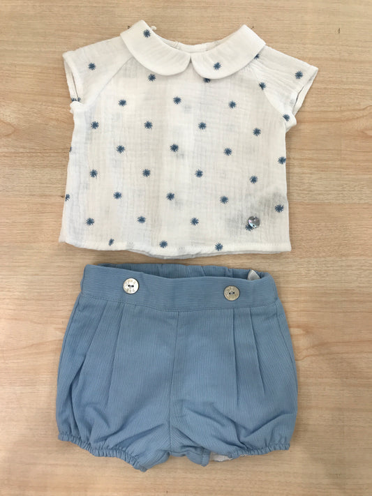 Completo Paz Rodriguez in cotone camicia mezza manica con fiori bianchi con pantalone corto