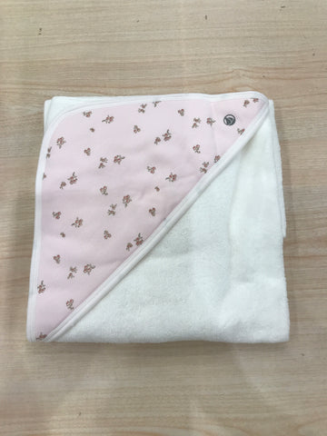 Telo Bagnetto Petit Bateau in spugna con triangolo rosa con fiorellini