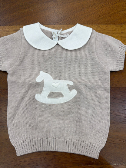 Completo Baby Lord in filo bianco e tortora mezza manica collo tondo bianco con cavallo tondo centrale bianco pantalone in lino