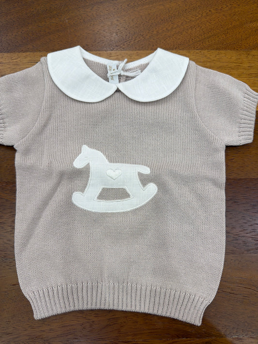 Completo Baby Lord in filo bianco e tortora mezza manica collo tondo bianco con cavallo tondo centrale bianco pantalone in lino