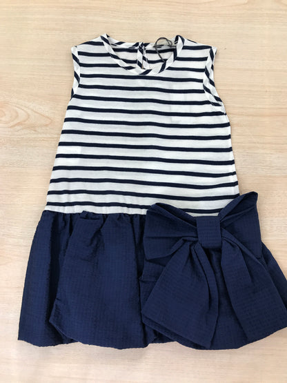 Abito Jo Milano in cotone a righe bianche e blu con gonna a sbuffo blu con fiocco laterale