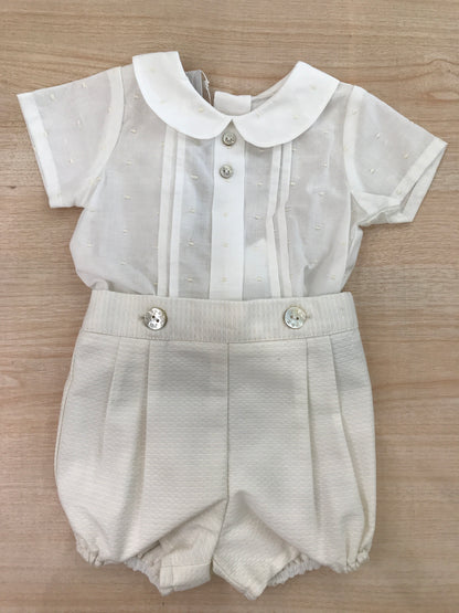Completo Paz Rodriguez in cotone camicia mezza manica con pois in rilievo panna con pantalone corto rigato panna