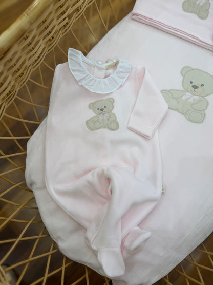 Coordinato nascita Baby Gi in ciniglia rosa con orsetto con fiocchetto