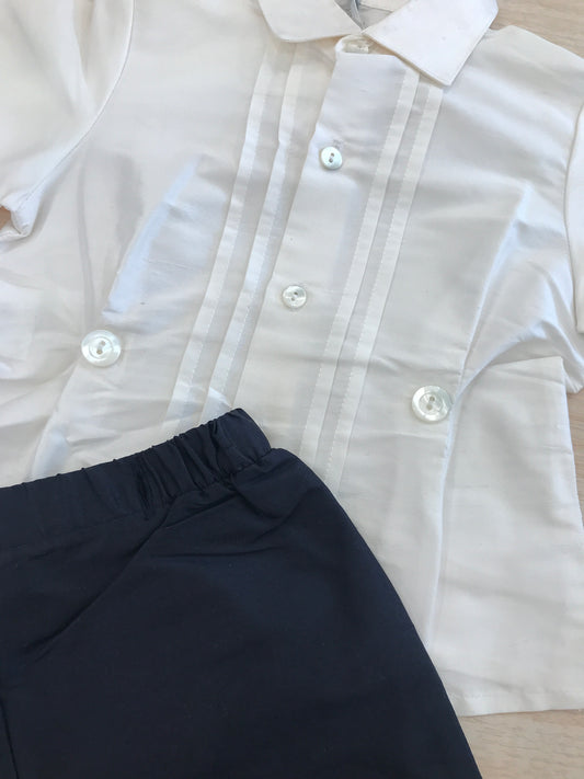 Completo Colibrì camicia mezza manica con pieghe avorio con pantalone a sbuffo blu