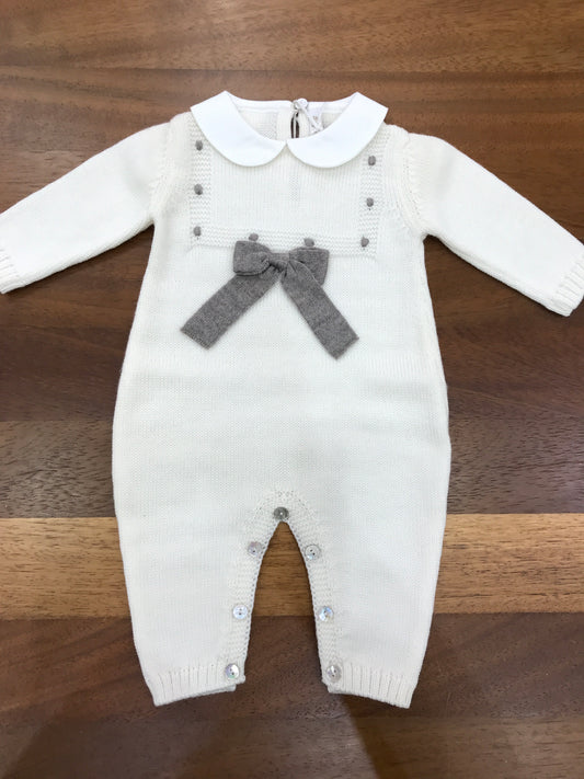 Tutina Baby Lord in lana panna manica lunga con pois e fiocco tortora