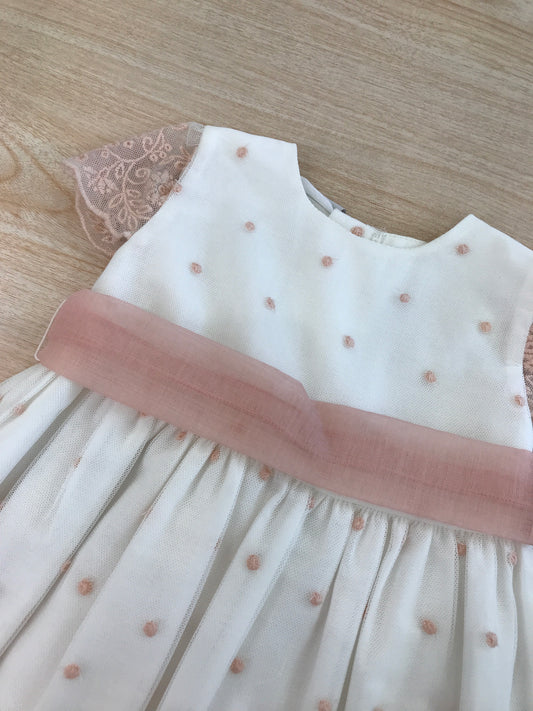 Abito Paz Rodriguez mezza manica in tulle con fascia in vita con pois e pizzo in basso