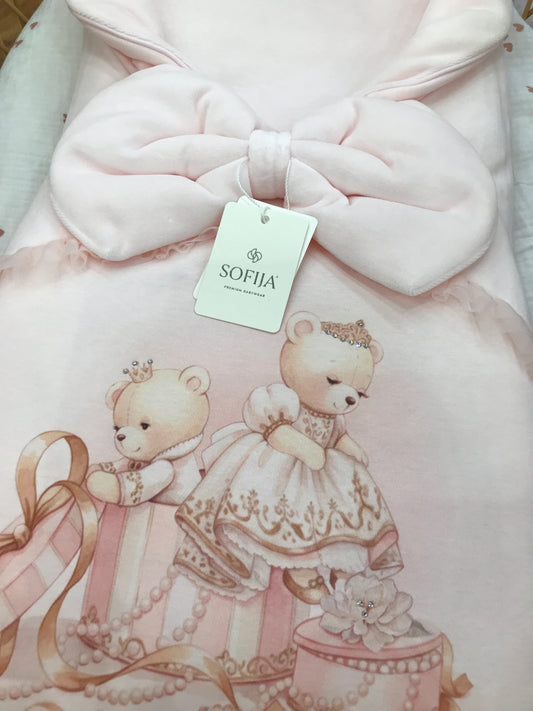Sacco nanna Sofija in ciniglia imbottito rosa con fiocco centrale e orsetti