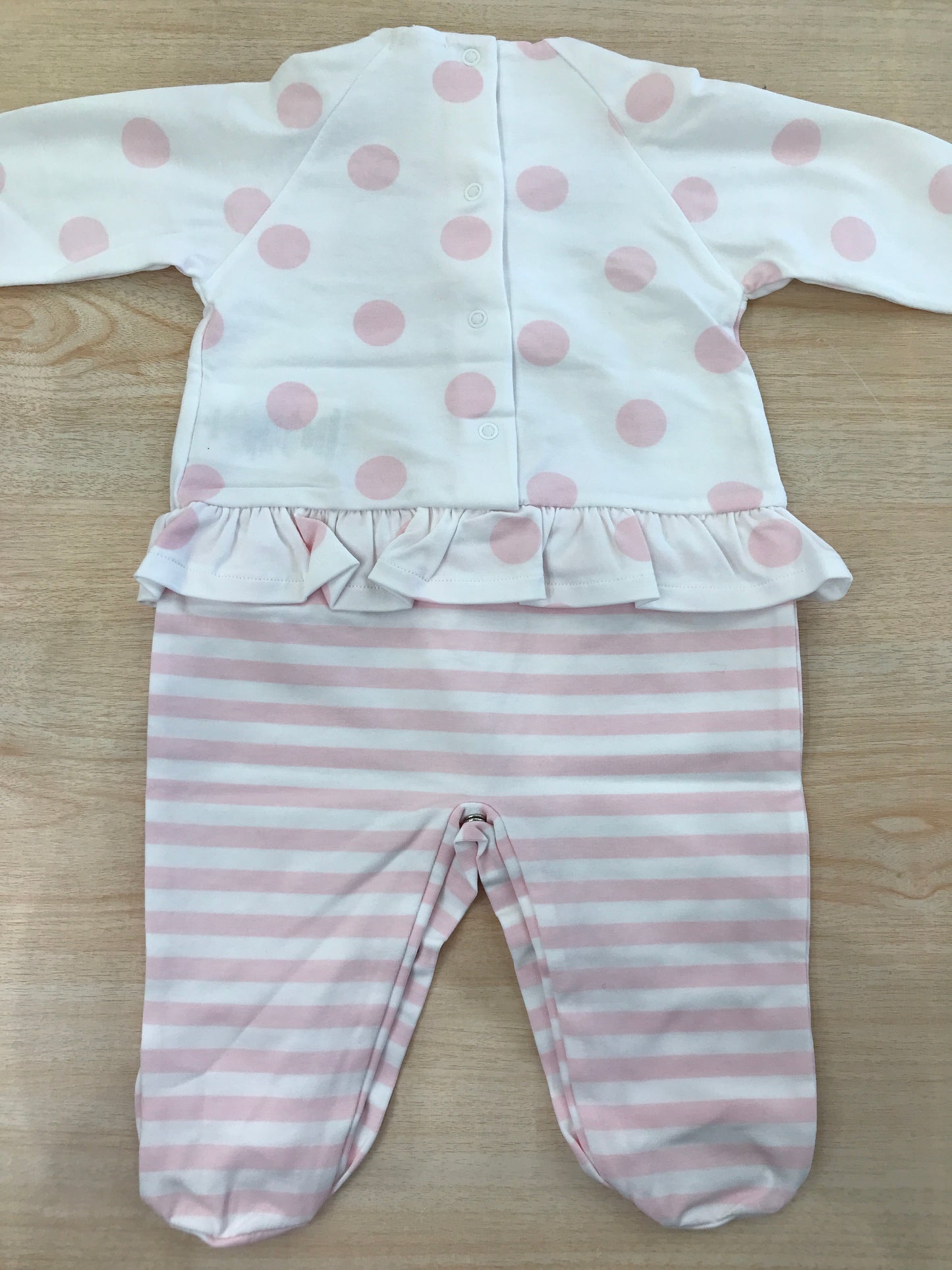 Tutina Nanan in cotone manica lunga con piedini con pois e righe rosa con rusche e fiocchetto