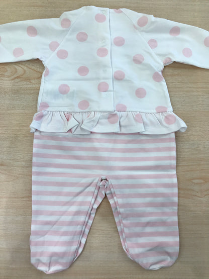 Tutina Nanan in cotone manica lunga con piedini con pois e righe rosa con rusche e fiocchetto