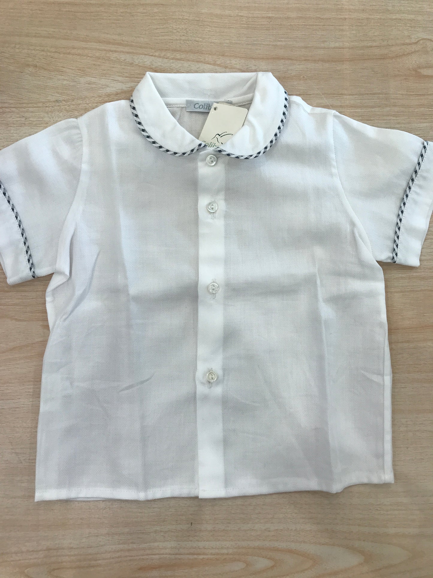 Camicia Colibrì mezza manica bianca con profilo a quadretti blu scuro