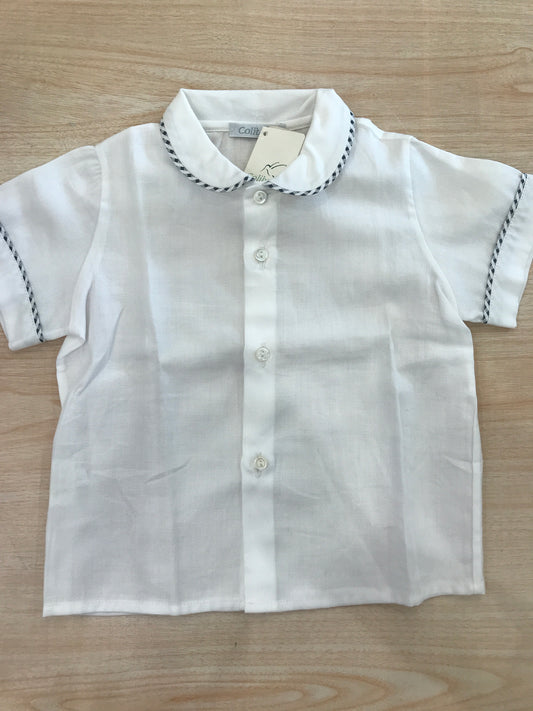 Camicia Colibrì mezza manica bianca con profilo a quadretti blu scuro