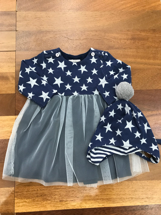 Abitino Coccodè in caldo cotone a manica lunga con tulle sulla gonna con stelline in grigio con cappellino abbinato