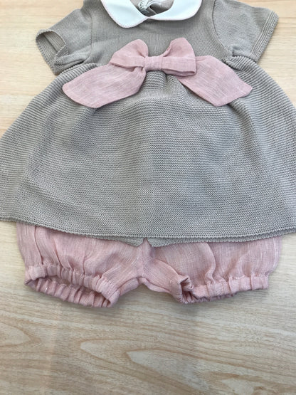 Completo Baby Lord in filo tortora mezza manica con collo tondo con fiocco in lino con culotte in lino rosa antico