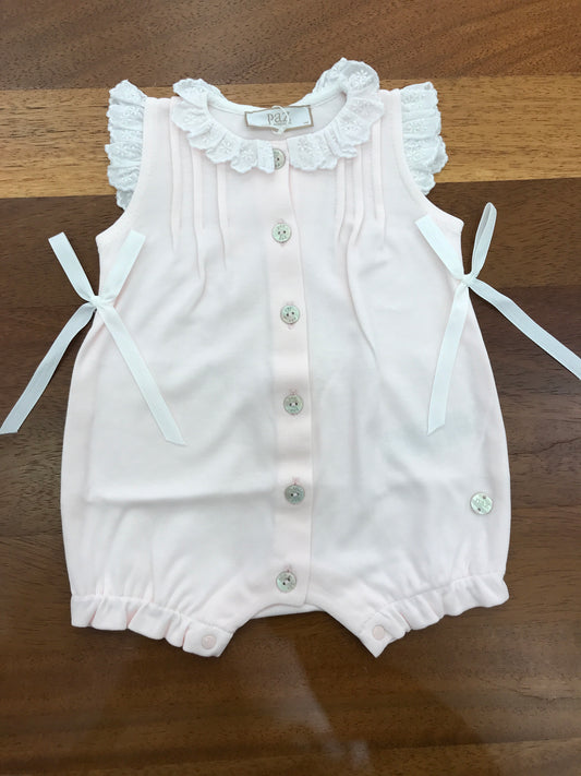 Pagliaccetto Paz Rodriguez in cotone rosa con rusche bianca collo e spalline bottoncini sul davanti e fiocchetti laterali